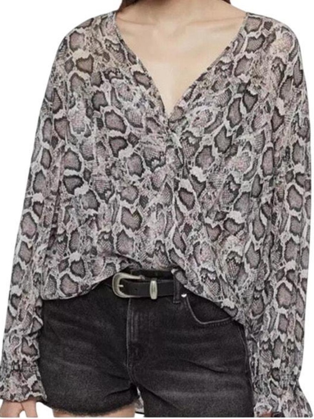 All Saints Snake-Print Long Sleeve Blouse in Neutral and Brown